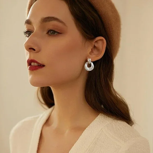 Women's Silver Brushed Square Statement Retro Hoop Dangle Earring Multiple Style - Picture 7 of 7